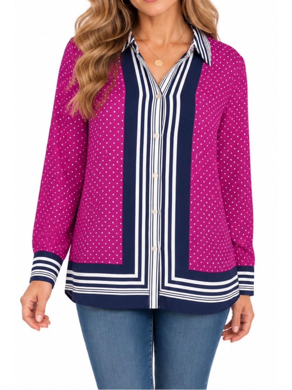 Charter Club Women’s Magenta/ Purple Polka Dot & Striped Blouse- Large